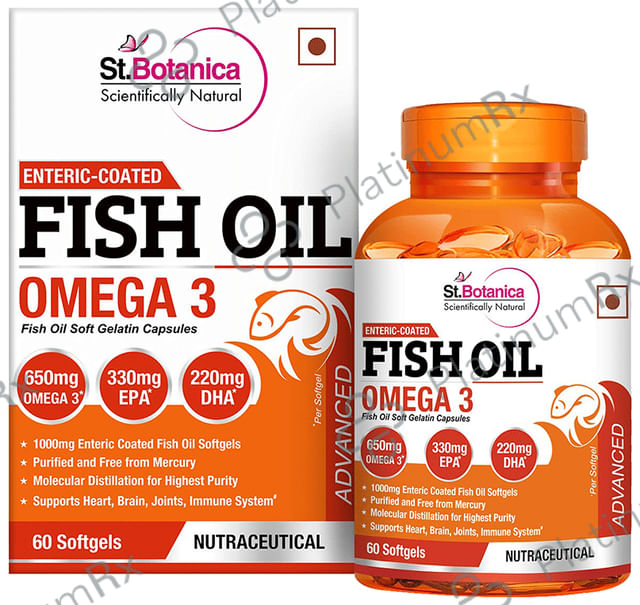 St.Botanica Enteric Coated Fish Oil Omega 3 Advanced with 1000mg Fish Oil and 650mg Omega 3 Softgels