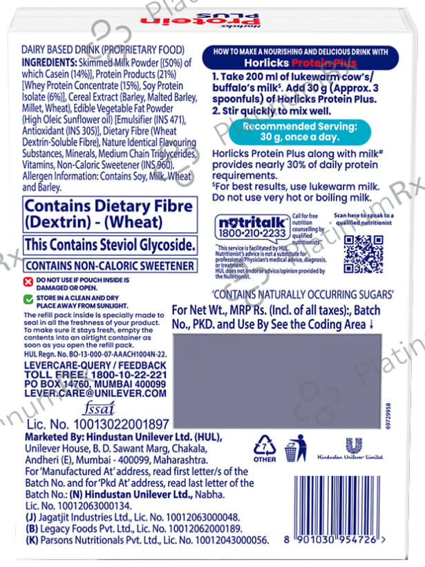 Horlicks Protein Plus with Triple Protein Blend of Soy, Whey, Casein - No Added Sugar - Flavour Vanilla
