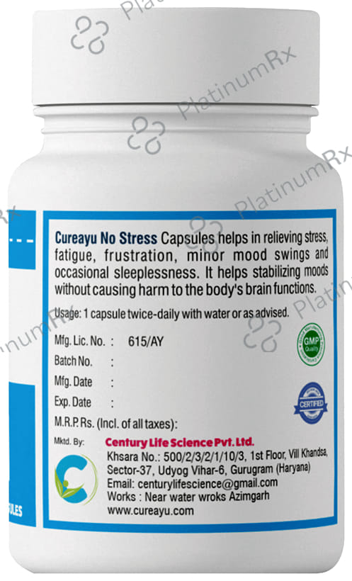 Cureayu No Stress Ayurvedic Capsule - For Improved Mental Health - Natural Stress Reliever - Calms Mind - Improves Anxiety & Depression - Potent Mood Enhancer - 100 % Herbal
