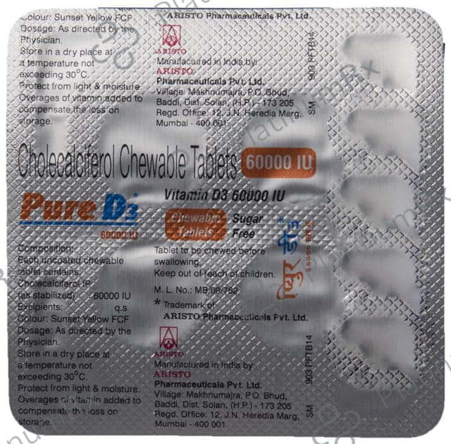 Pure D3 60000IUChewable Sugar Free Tablet 4s