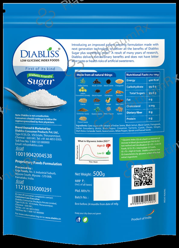 Diabliss Sugar with Low Glycemic Index - Diabetic Friendly & 500 gm