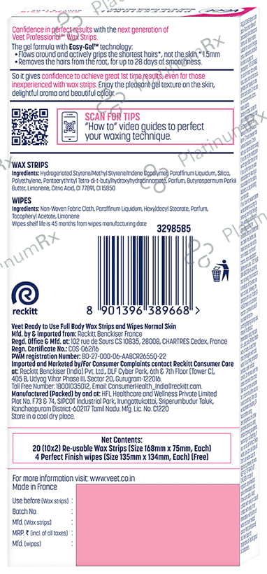 Veet Professional Waxing Strips Kit 20 Strips - Gel Wax Hair Removal for Women - Up to 28 Days of Smoothness - No Wax Heater or Wax Beans Required for Normal Skin