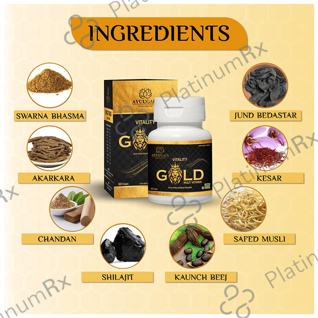 Ayuugain Vitality Gold Capsule Multivitamin For Energy, Stamina & Immunity Booster with Pure Swarna Bhasma for Men (60 Capsule) Capsule