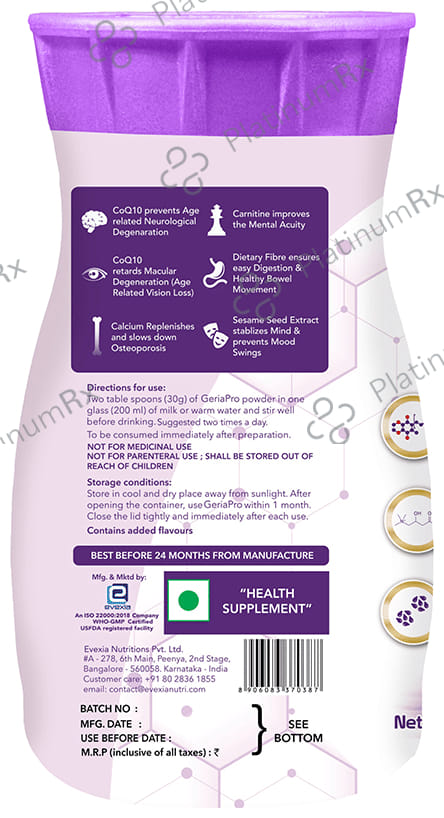 Evexia GeriaPro for Nutrition - No Added Sugar - Flavour Powder Vanilla 500 gm