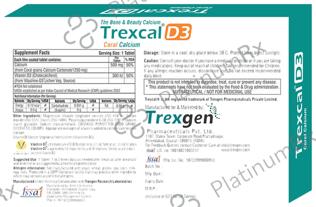 Trexgen Trexcal D3 - with Calcium & Cholecalciferol 300IU for Bone Health - Veg Tablet