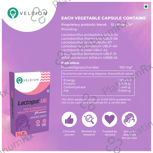 Velbiom Lactogut UG Pre & Probiotic Health Supplement Vegetable Capsule for Women