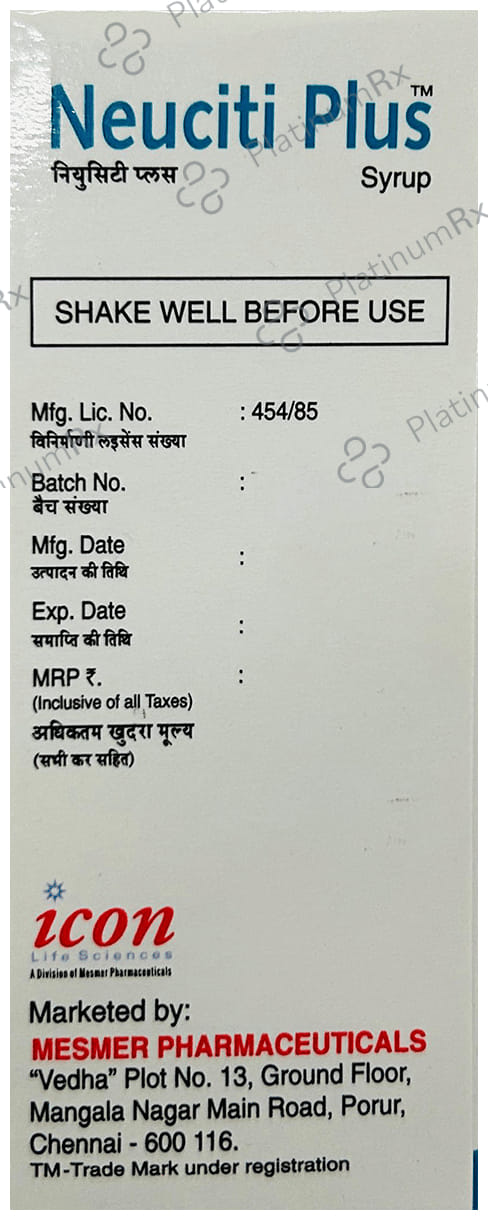 Neuciti Plus 500/400mg Suger Free Syrup 60ml