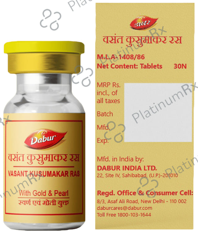 Dabur Vasant Kusumakar Ras with Gold & Pearl Tablet - For General Weakness, Heart Health, Immunity & Antioxidant Support 30 tablets