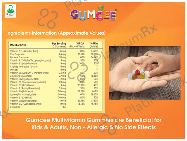 Gumcee Multivitamin Gummies with 15 Essential Vitamins (30 Each) Mix Fruit 1 Bottle