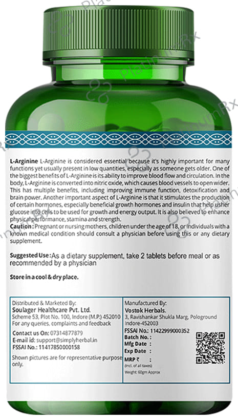 Simply Herbal L-Arginine for Muscle Support & Heart Health - Tablet