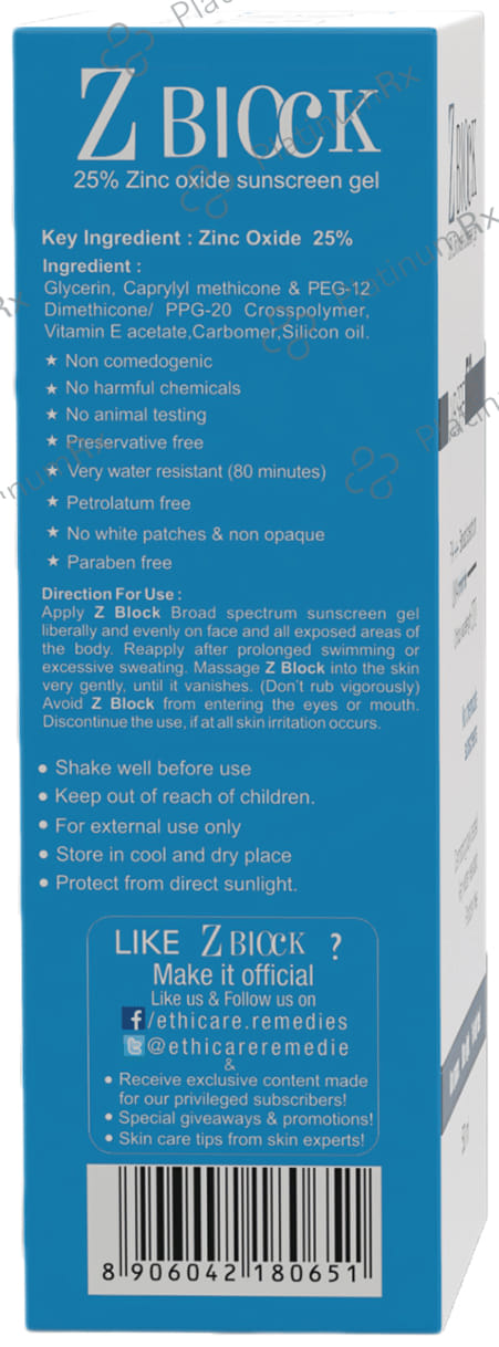 Z Block 25% Zinc Oxide Sunscreen UVB SPF 50+ Gel 50gm