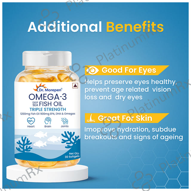 Dr. Morepen Triple Strength Omega 3 Fish Oil 1250mg - Softgel for Heart, Brain & Joints 30 Soft Gelatin Capsule