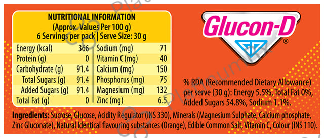 Glucon D with Glucose, Calcium, Vitamin C & Sucrose Flavour Tangy Orange Powder 200gm