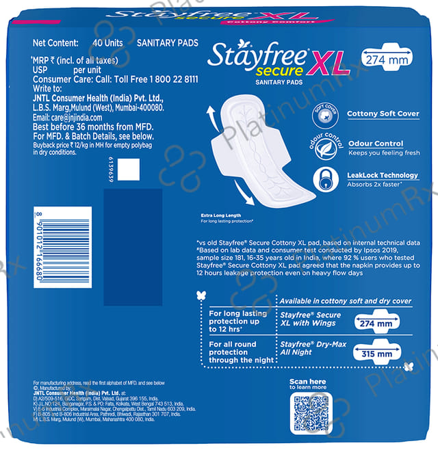 Stayfree Cottony Soft Cover Secure Sanitary Pads XL 40s