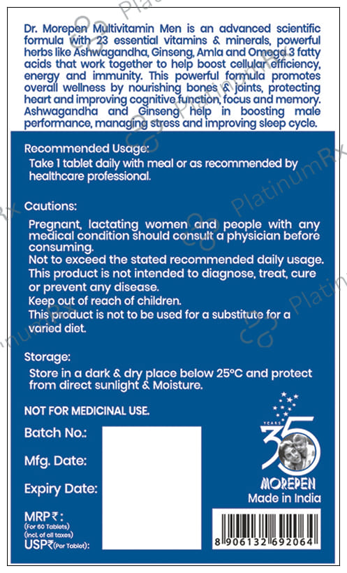 Dr. Morepen Multi Vitamin for Men - With Omega 3, Ashwagandha, Ginseng & Amla for Energy, Immunity & Focus - Tablet