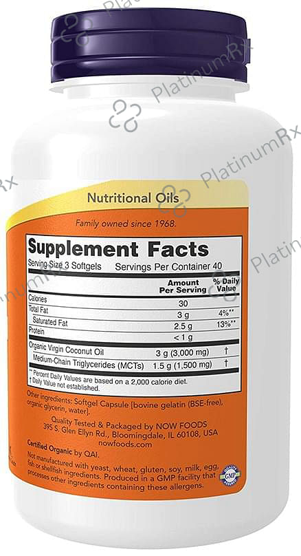 Now Virgin Coconut Oil 1000mg Softgel Soft Gelatin Capsule