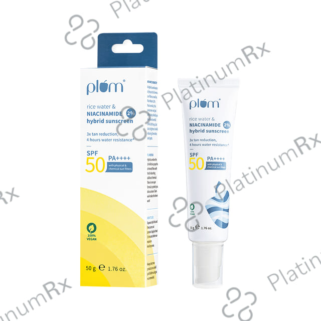 Plum 2% Niacinamide & Rice Water Hybrid Face Sunscreen SPF 50 PA+++ Cream 50 gm