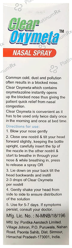 Clear Oxymeta Nasal Spray 10ml