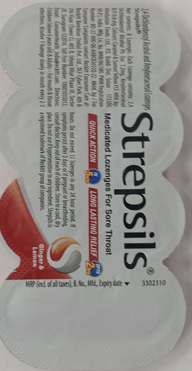Strepsils Medicated Throat Lozenges - For Sore Throat - Flavour Ginger & Lemon 8 lozenges