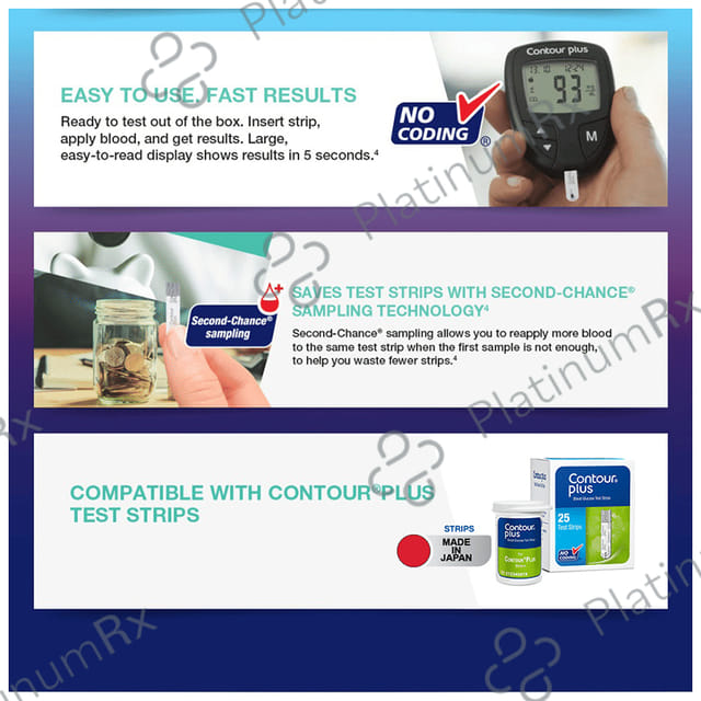 Contour Plus Blood Glucose Monitoring System Glucometer with Contour Plus Blood Glucose Test Strip 25sFree