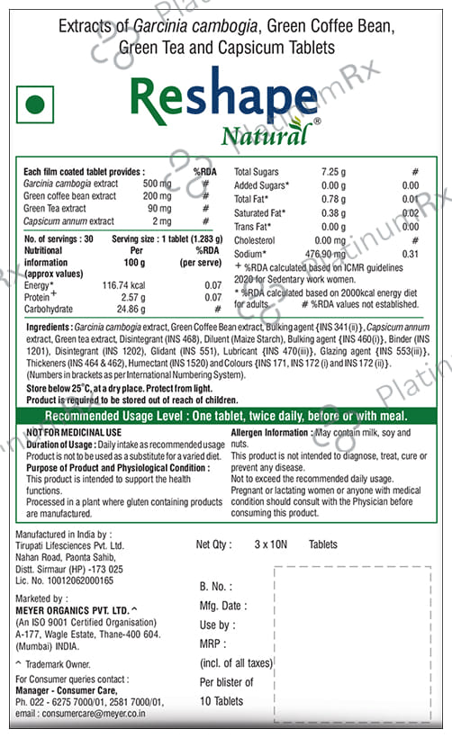 Reshape Natural Gluten Free Tablet Supports Weight Management 10s
