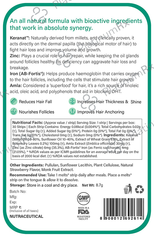 Wellbeing Nutrition Melts Into Hair Fall Control with Keranat & Zinc - Oral Thin Strip Tropical Strawberry
