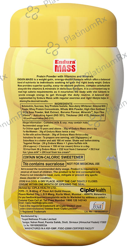 Endura Mass Weight Gainer Flavour Banana Powder 500gm