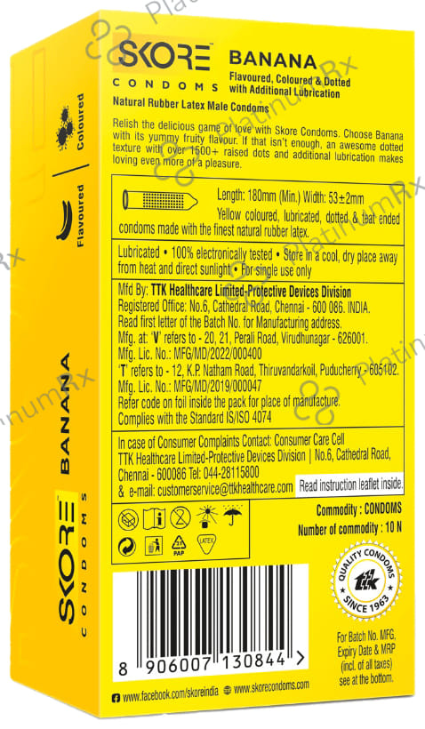 Skore Flavored Dotted & Coloured Banana Flavour Condoms 10s