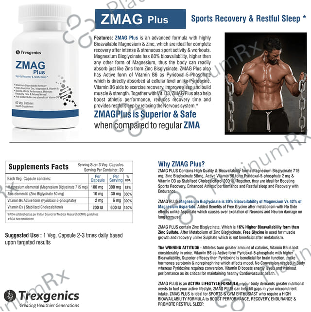 Trexgenics ZMAG Plus - With Zinc, Magnesium & Vitamin B6 - Veg Capsules for Sports Recovery & Restful Sleep