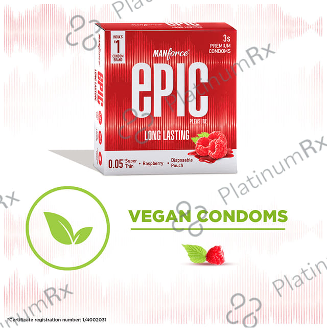 Manforce Epic Pleasure Long Lasting Premium Condom with Disposable Pouch Flavour Raspberry 3s