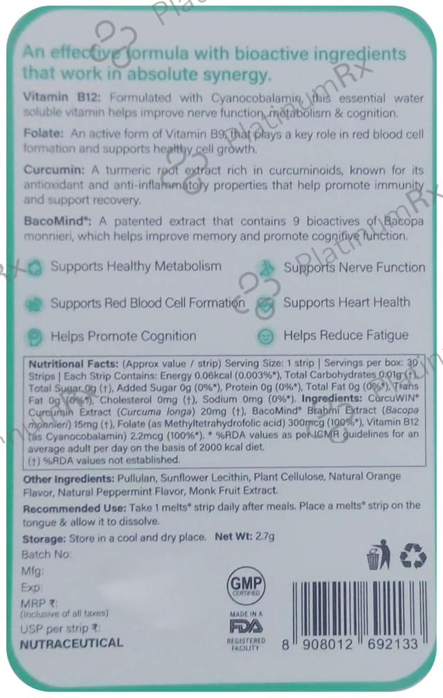 Wellbeing Nutrition Melts Into Vegan Vitamin B12 + Folate - Oral Thin Strip for Energy, Brain & Nerve Function - Sugar-Free - Flavour Misty Orange Mint