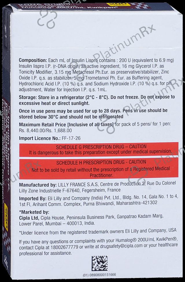 Humalog Lispro Kwikpen 200IU 3ml
