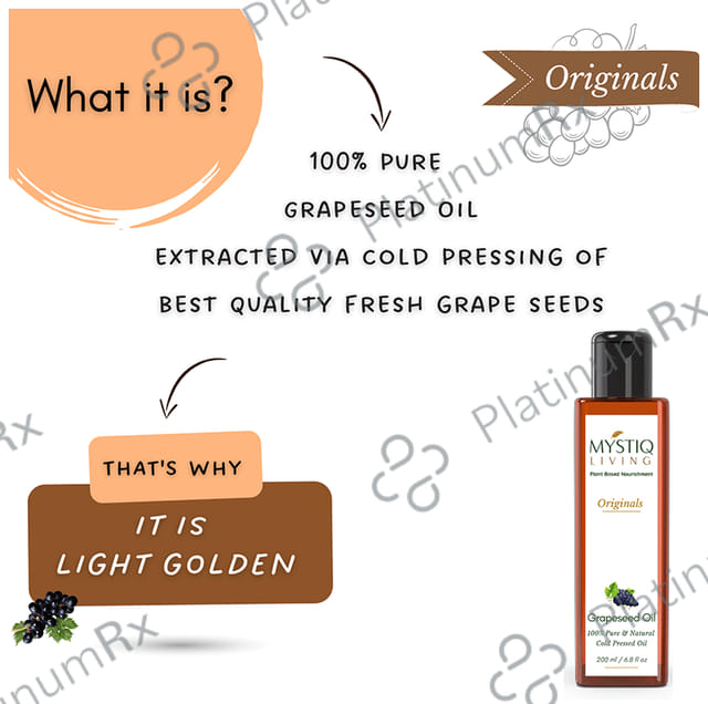 Mystiq Living Grapeseed for Hair, Face and Skin - Cold Pressed, 100% Pure and Natural Oil 200 ml