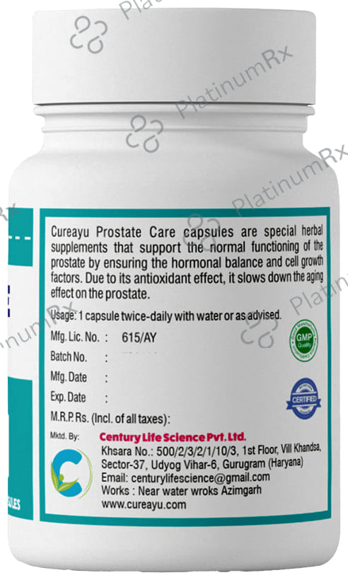 Cureayu Prostate Care Capsule- For Healthier Prostate Functions - Slows Down Aging Effects - Controls Frequency and Urgency of Urination