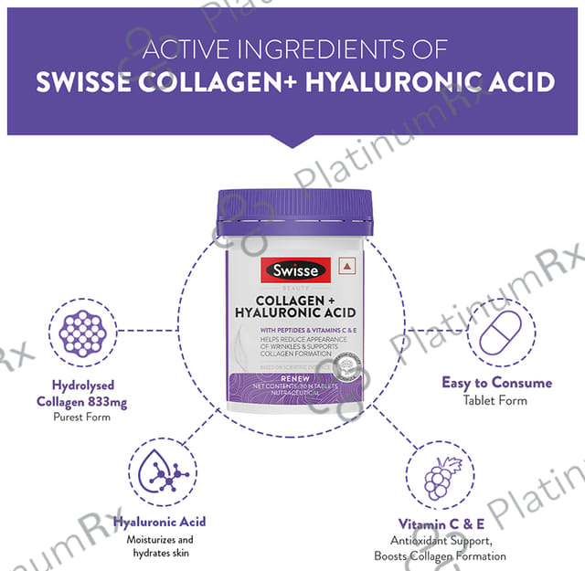 Swisse Collagen + Hyaluronic Acid - With Vitamin C & E for Anti-Wrinkle Support - Tablet
