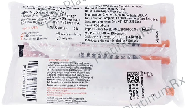 BD Insulin Syringes with BD Ultra Fine Needle 100U 31G 6MM 10s