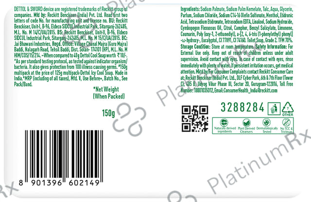 Dettol Icy Cool Bathing Soap Bar with 2X Menthol (150gm Each) 5 units