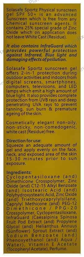 Solasafe Sportz Physical Sunscreen SPF 50+ Gel 50gm