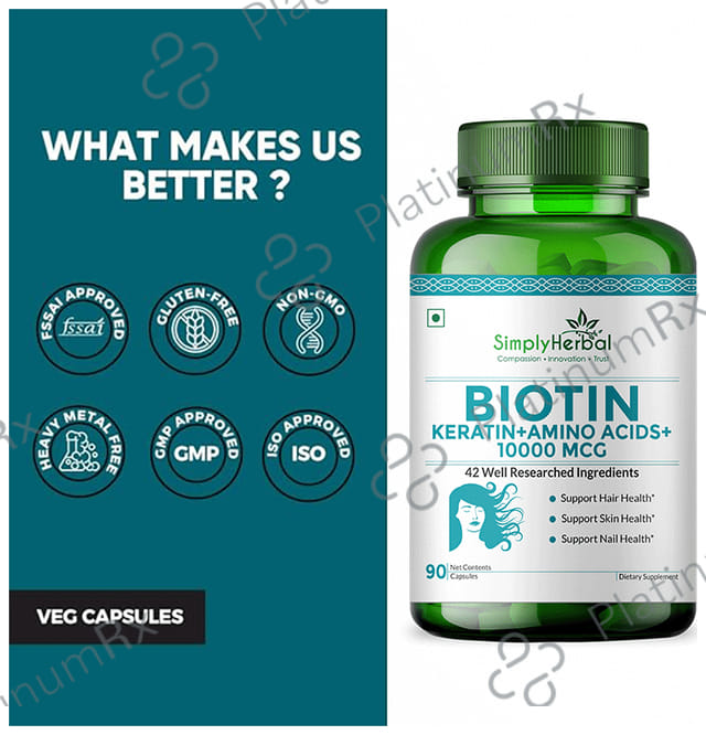 Simply Herbal Biotin 10000mcg - With Keratin & Amino Acids for Hair, Skin & Nails - Capsule