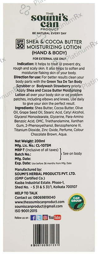 The Soumis Can Product Shea & Cocoa Butter Moisturizing SPF 30 Lotion 200ml
