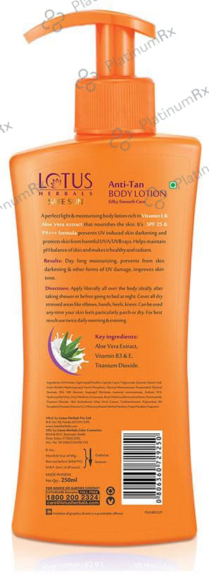 Lotus Herbals Safe Sun Anti Tan SPF 25 PA+++ Body Lotion 250ml