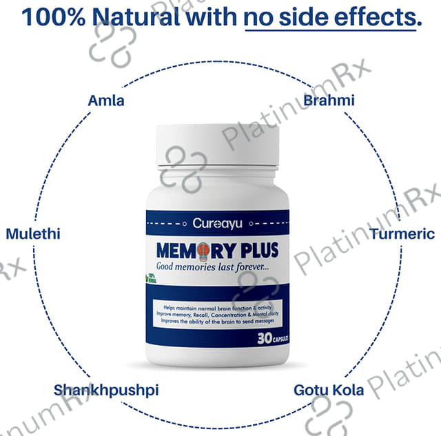 Cureayu Memory Plus Capsule- Made with Amla, Brahmi & More - For Improved Brain Functions -100% Herbal