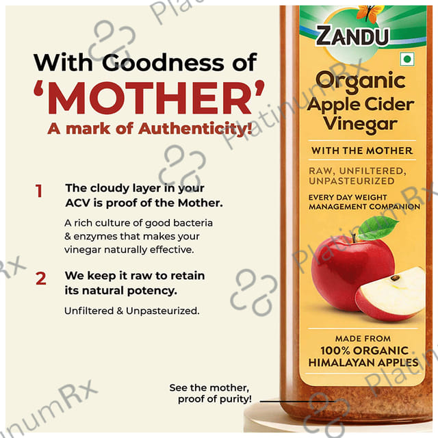 Zandu Organic Apple Cider Vinegar ACV with The Mother - Raw, Unfiltered & Unpasteurized