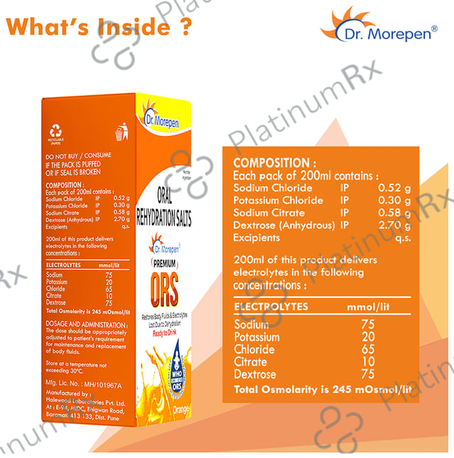 Dr. Morepen Premium ORS Ready to Drink Orange Flavour 200ml