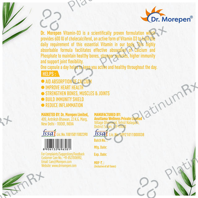 Dr. Morepen Vitamin-D3 600 IU - Softgel Capsule for Bones, Heart & Immunity