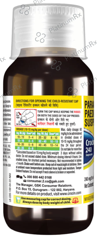 Crocin 240mg DS Suspension Mixed Fruit Flavour 100ml