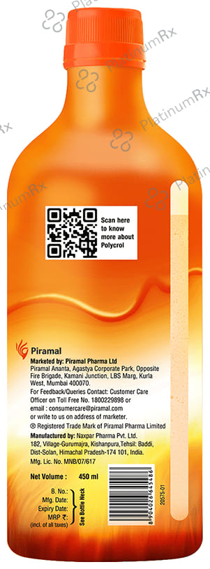 Polycrol Antacid Gel Tasty Orange Xpress Relief Sugar Free 450ml