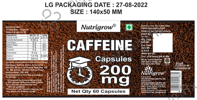 Nutrigrow Caffeine 200mg Capsule