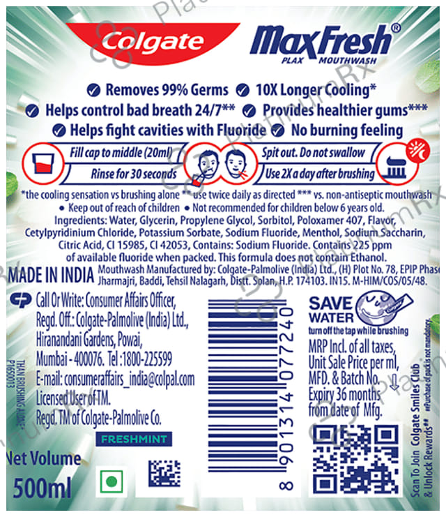 Colgate Fresh Mint MaxFresh Plax Antibacterial Mouth Wash 500 ml
