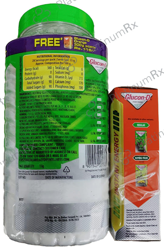 Glucon-D with Glucose, Calcium, Vitamin C & Sucrose - Flavour Regular with 300gm Glucon-D Refill Tangy Orange Free